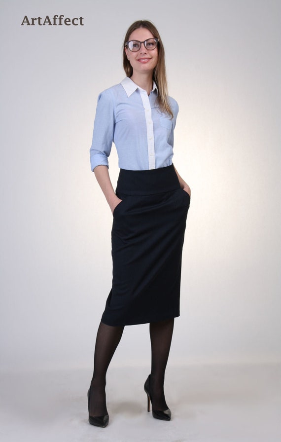 Pulido margen Para exponer Falda de cintura alta de lana azul marino con bolsillo falda - Etsy España