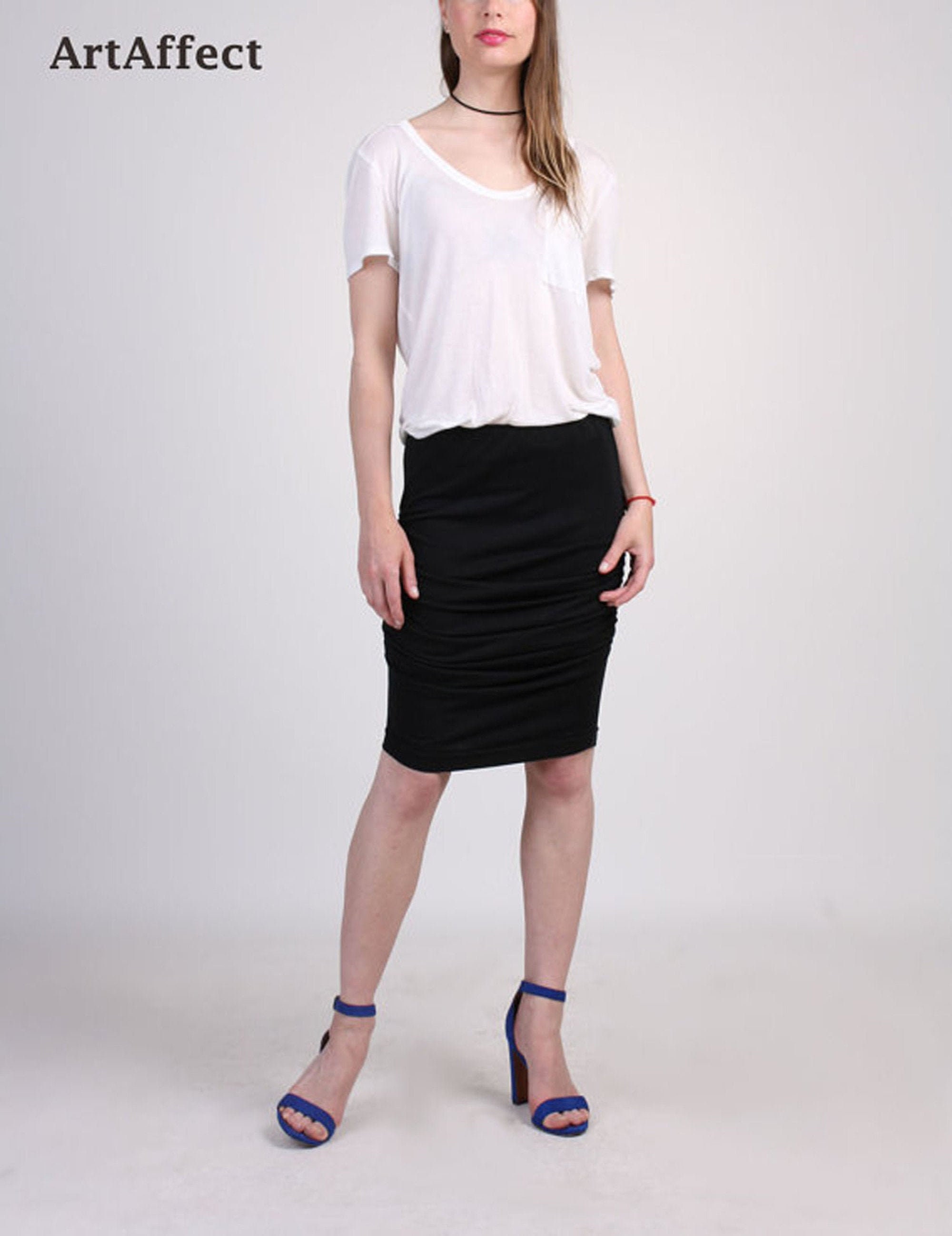 knee length black ruched skirt