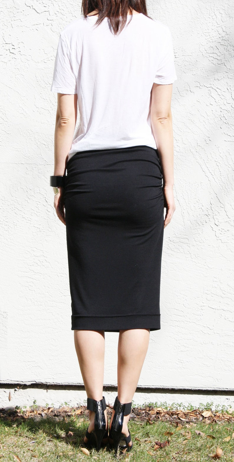 Black midi skirt with side ruching, Ruched pencil skirt, Straight Jersey Skirt, Below Knee Skirt, Office Skirt, Elastic Waist Skirt image 9