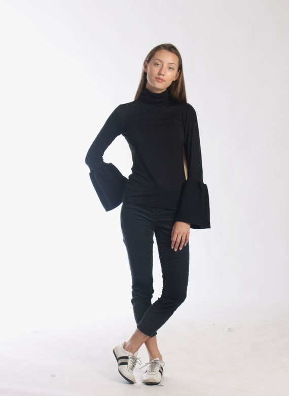 Black Turtleneck Sweater With Long Bell Sleeve Slim Fitted