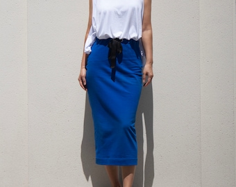 Deep Blue Terry Cotton Midi Skirt, Slim Fitted Pencil Skirt