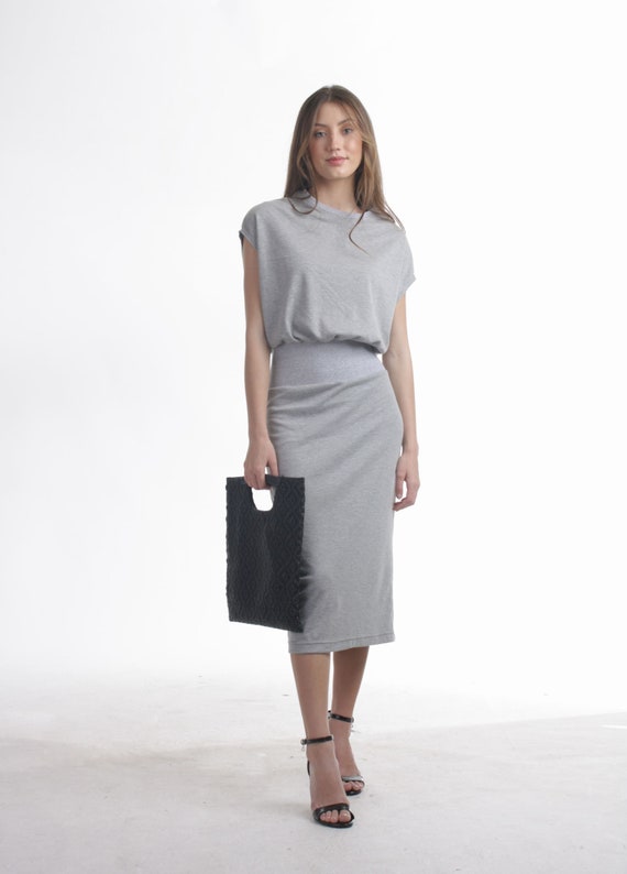 Gray Blouson Midi Dress With Drop Shoulder T shirt Dress Slim Party Dress Plus Size Dress With Wide Waist Band Summer Office Dress Etsy Ireland