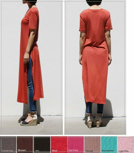 Artaffect Long Tunic Orange Tunic T Shirt Dress High Split Top Tie Front Top Long Shirt Plus Size Top High Slit Top Side Split Top