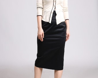 High Waist Black Pencil Skirt: Cotton Stretch Midi Skirt