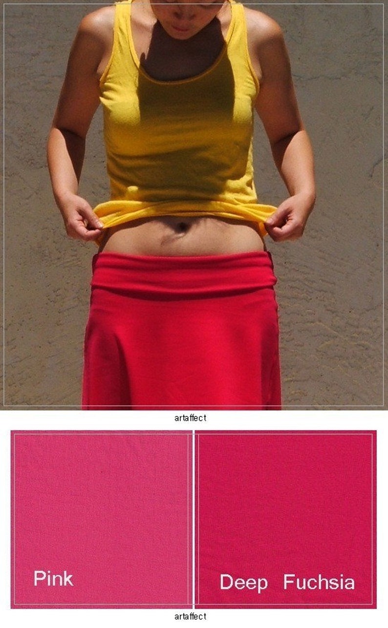May include: A bright yellow sleeveless tank top paired with a solid red skirt featuring a wide, folded waistband. Below the garment, two fabric swatches are displayed side-by-side, labeled Pink and Deep Fuchsia, showcasing color options.