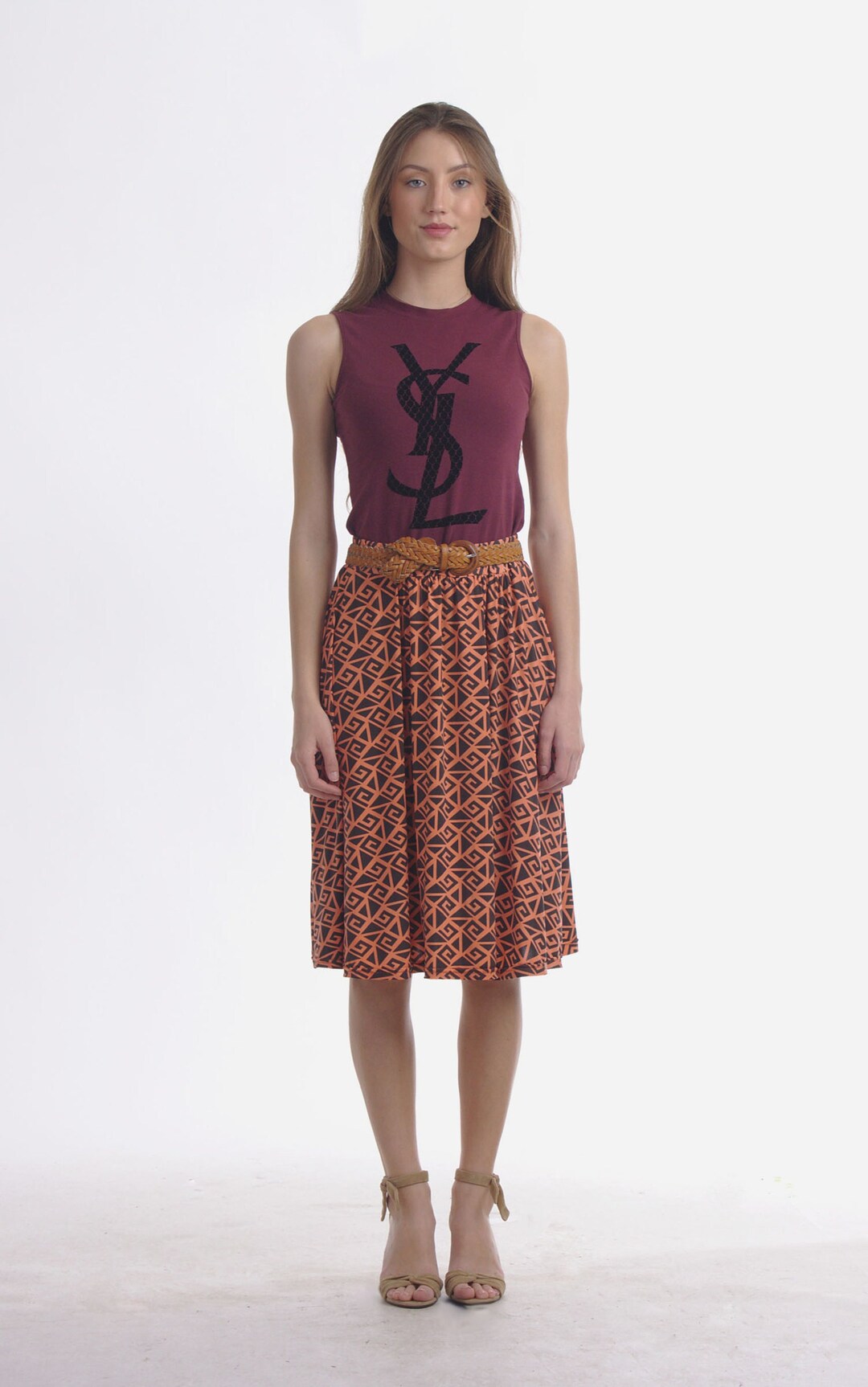 Gonna in jersey arancione con tasca Gonna a ruota estiva Gonna