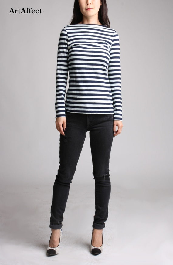 Large Size Crew Neck Stripe Detailed Long Sleeve Women's