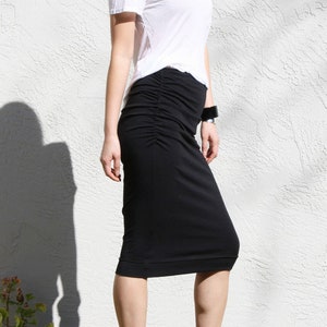 Black midi skirt with side ruching, Ruched pencil skirt, Straight Jersey Skirt, Below Knee Skirt, Office Skirt, Elastic Waist Skirt image 2