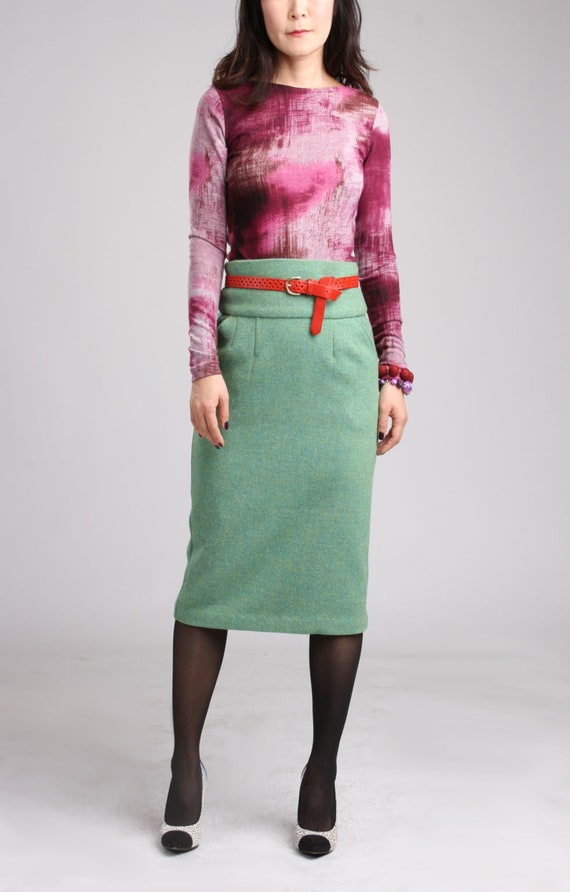 Green Wool High Waist Pencil Skirt with Pocket Tweed Wool | Etsy