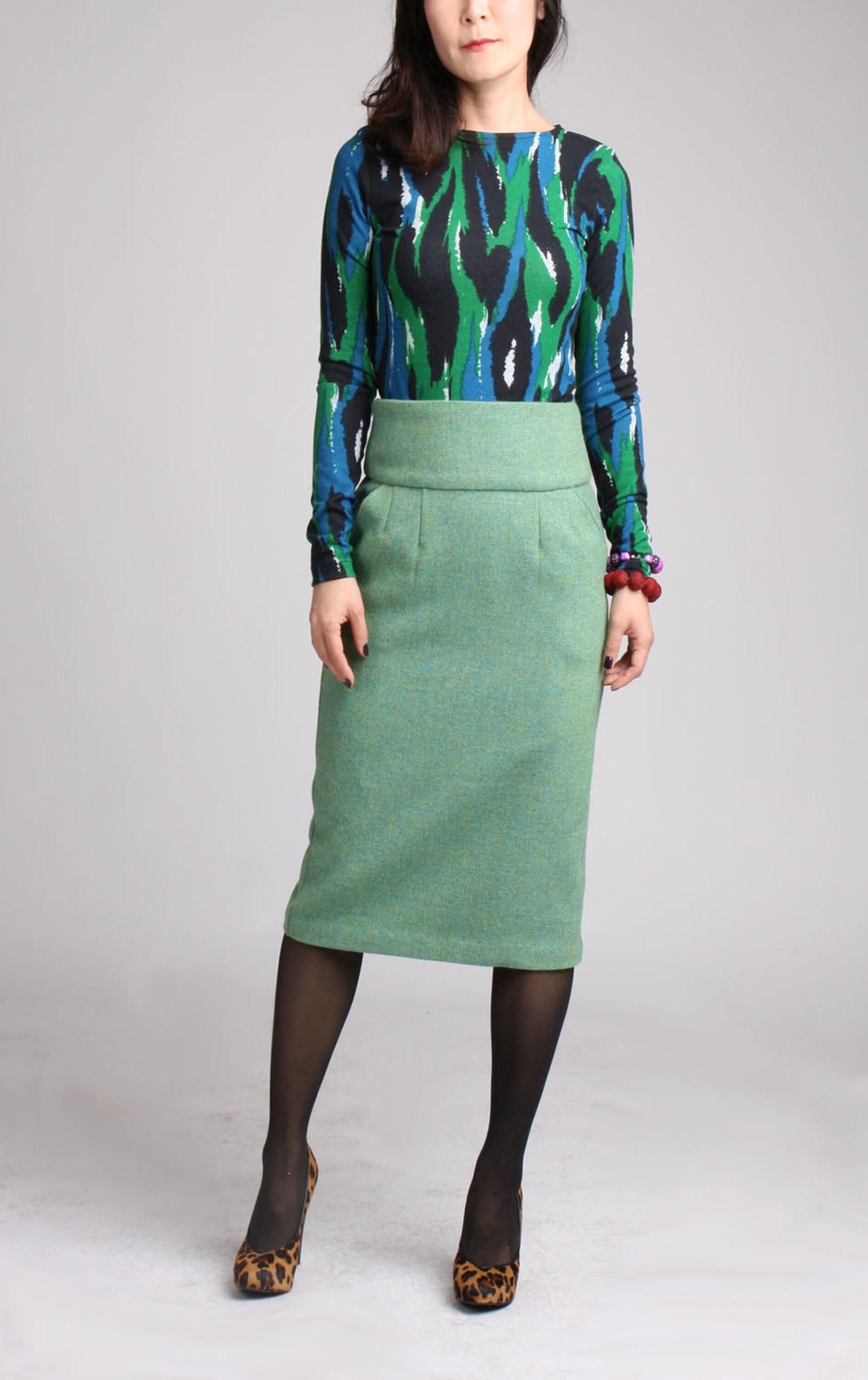 Green wool pencil skirt cheap