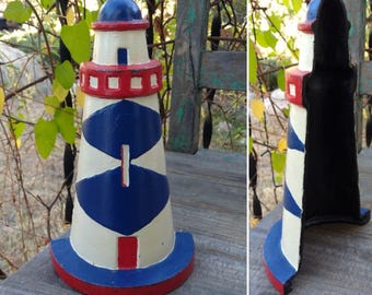 Awesome Vintage Painted Cast Iron LIGHTHOUSE Doorstop/Bookend measuring 9 1/4" x 5 3/8" x 3 1/4" ~ Beach House ~ Coastal Nautical Living ~