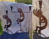 Vintage PAIR of Rustic Metal KOKOPELLI CANDLE Holders measuring 16.5 quot and 14.5 quot Tall Southwest Boho Home Decor Rustic Cabin Decor