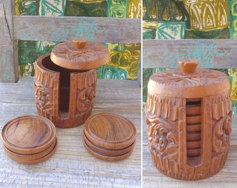 Vintage Teak Wood Coaster Set of 6 Inside Carved Barrel with Lid measuring 6" x 5" ~ Made in Thailand ~ Tiki Bar Decor ~ Coastal Living ~