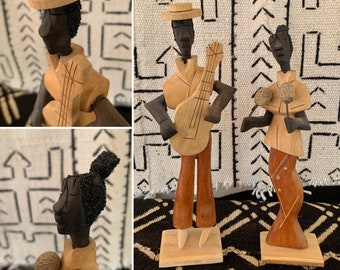 Vintage PAIR of Male/Female Hand Carved Wood Folk Art Isle De Margarita Island Musician Figurines Playing Guitar & Maracas at 8.75" and 8.5"