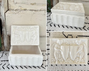 Vintage Ceramic White Lidded Trinket Box from Japan with Cherubs measuring 4 5/8" x 3.25" x 3" ~ Shabby Chic Decor ~ French Home Decor ~