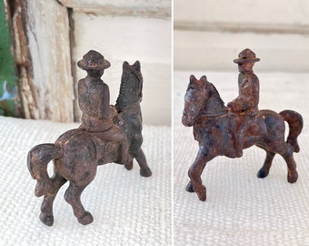 Vintage Rustic Cast Iron Cavalry Mounted Soldier/Horseback Soldier measuring 2 5/8" x 3" x .75" ~ History Lover Gift ~ Vintage Toy Soldier ~