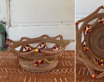 Beautiful Vintage Large 12" x 5" PINE NEEDLE BASKET from Oaxaca, Mexico ~ Fruit Bowl ~ Bread Bowl ~ Wedding Gift ~ Table Centerpiece Decor ~