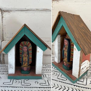 Beautiful Rustic Vintage Mixed Wood Nicho with Carved Wood Lady of Guadalupe Figure measuring 13&quot; x 12&quot; x 5.5&quot; overall ~ Hacienda Decor ~