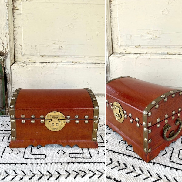 Vintage Leather Riveted Wood Domed Pirate Treasure Chest with Brass Accents measuring 8.5" x 5.25" x 6 1/8" ~ Men's Jewelry Chest ~
