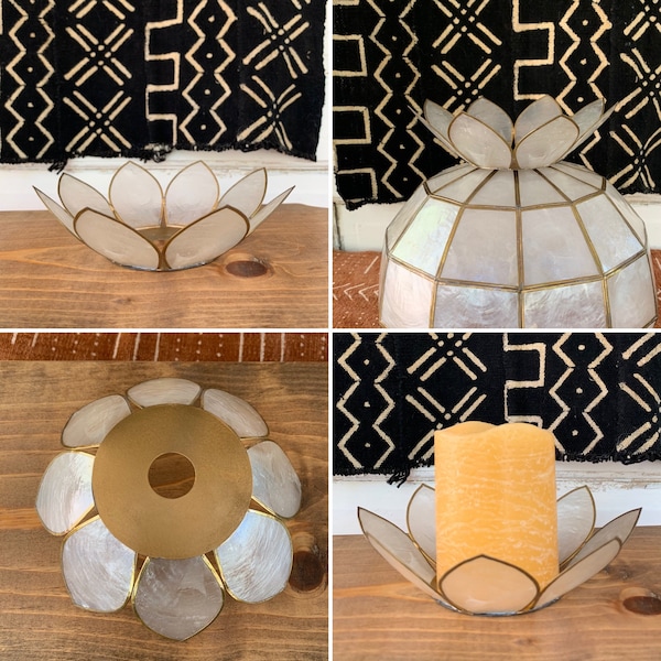 LOT of 5 Vintage 60's Capiz Shell Multi-Use Replacement Crown Shade Toppers/Lotus Candle Holders~Boho Decor measuring about 2”H x 7”W each ~