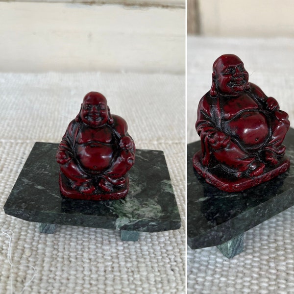 Vintage Miniature Red Resin Laughing/Smiling Buddha on Green Marble Platform measuring 3" x 2" x 2 5/8" overall ~ Home Shrine Altar Decor ~