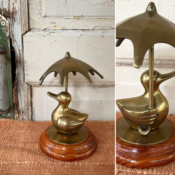 Adorable Vintage Brass Duck with Umbrella on Wood Base measuring 6" x 4.5" ~ Nursery Room Decor ~ Curio Cabinet Decor ~ Duck Lover Gift ~