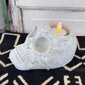Vintage Day of the Dead/Dia de los Muertos White Cement Skull Candle Holder at 6&quot; x 3.75&quot; x 3.25&quot; Includes Battery Tea-Lite ~ Shrine Decor ~