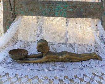 Awesome Vintage Brass Egyptian Nude Woman Holding Incense Offering Bowl measuring 11.25" x 2" x 2.5" ~ Art Deco Eclectic Home Decor ~