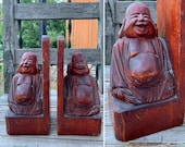 Awesome Old Vintage Carved Wood SMILING BUDDHA BOOKENDS measuring 8.5 quot x 4 quot x 3 quot each Buddhism Zen Decor Library Home Decor