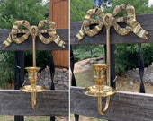 Vintage Single Solid Heavy Brass Bow Candle Wall Sconce for Taper Candles measuring 9 quot x 7 quot x 3.25 quot Art Nouveau Decor Shabby Chic Decor