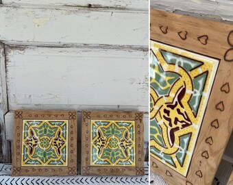 Vintage PAIR of Carved Wood Framed Mexican Tile Trivets measuring 8.5&quot; x 1&quot; ~ Boho Home Decor ~ Hacienda Home Decor ~ Rustic Kitchen ~