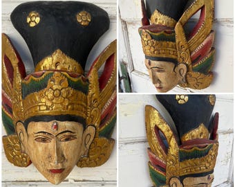 Vintage Carved Wood Painted Bali God Mask measuring about 14&quot; Tall ~ Eclectic Home Decor ~ Boho Home Decor ~ Gold and Black Goddess Head ~