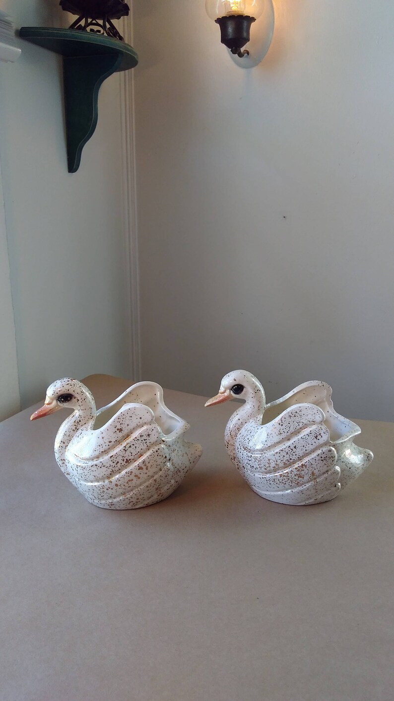 Pair of Vintage Mid Century Ceramic Swan Planters with Gold Flecked Paint on Ivory measuring 6.5 x 4 x 5 ~ Mid Century Modern Decor ~