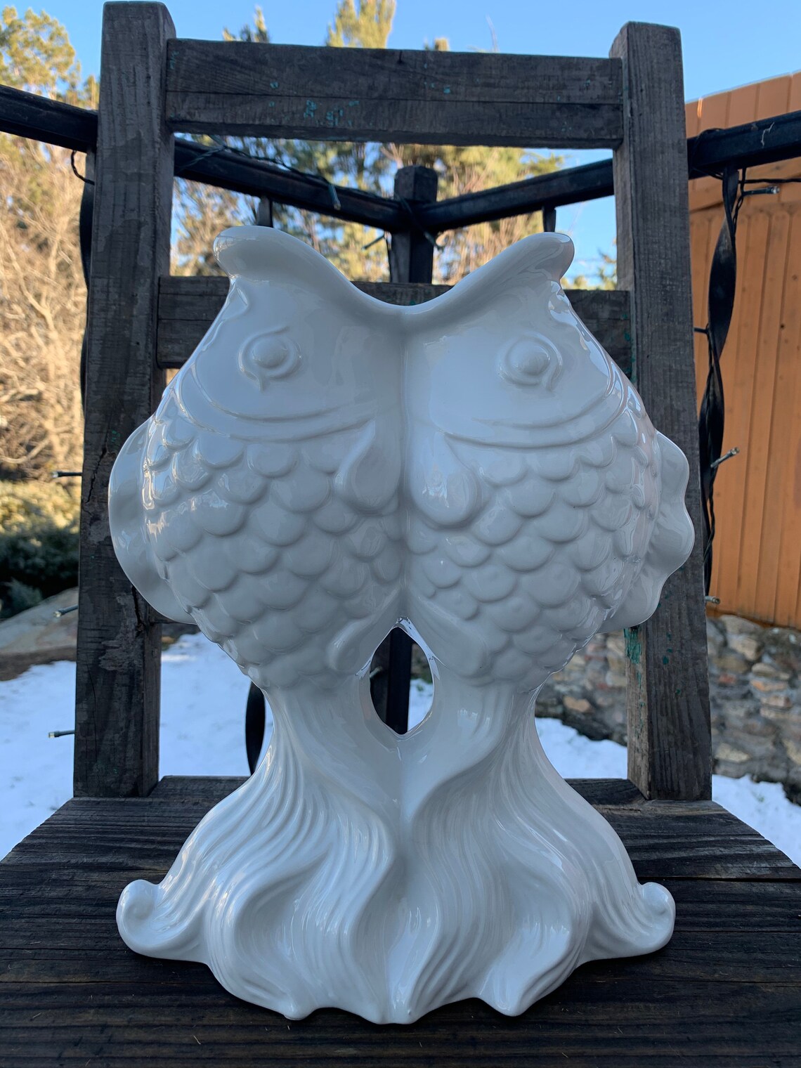 Awesome Vintage LARGE White Ceramic Double KOI FISH Vase Etsy