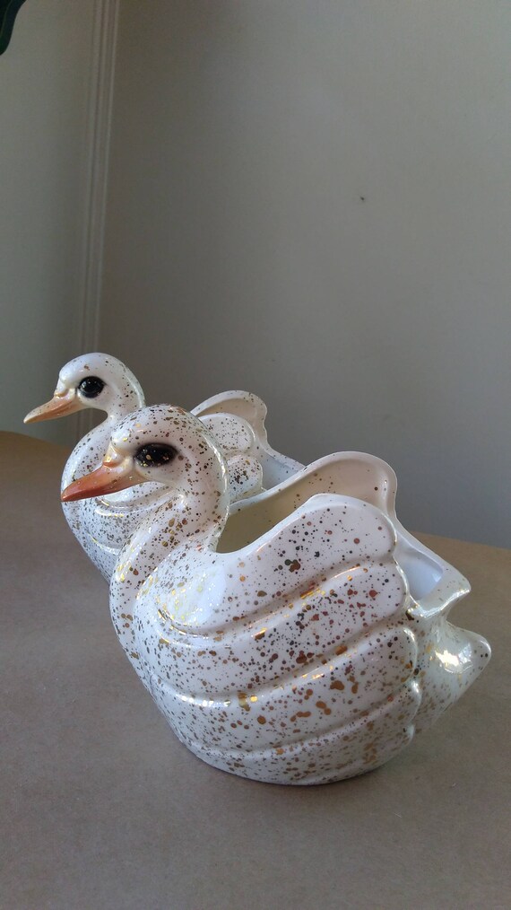 Pair of Vintage Mid Century Ceramic Swan Planters with Gold Flecked Paint on Ivory measuring 6.5 x 4 x 5 ~ Mid Century Modern Decor ~
