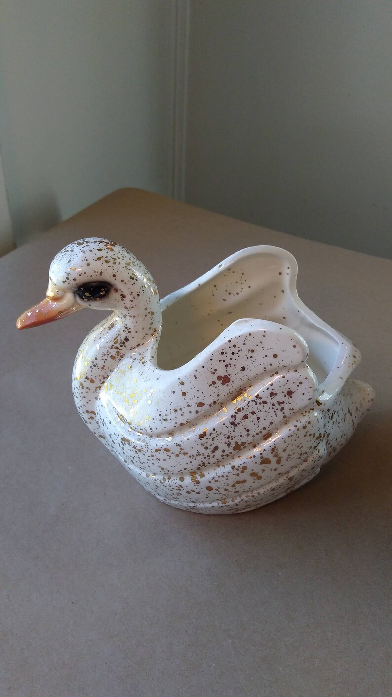 Pair of Vintage Mid Century Ceramic Swan Planters with Gold Flecked Paint on Ivory measuring 6.5 x 4 x 5 ~ Mid Century Modern Decor ~