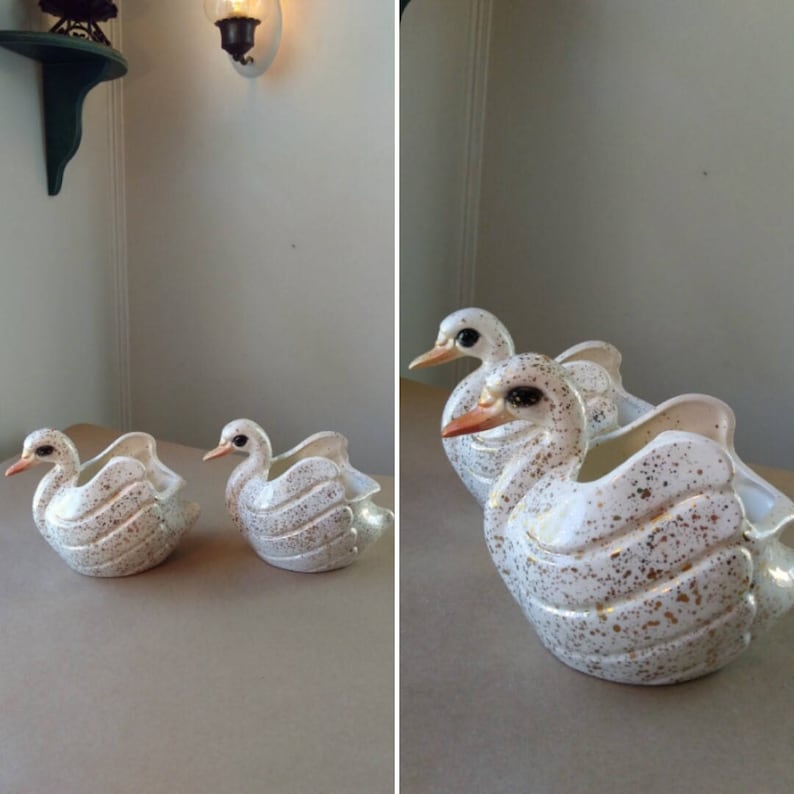Pair of Vintage Mid Century Ceramic Swan Planters with Gold Flecked Paint on Ivory measuring 6.5 x 4 x 5 ~ Mid Century Modern Decor ~