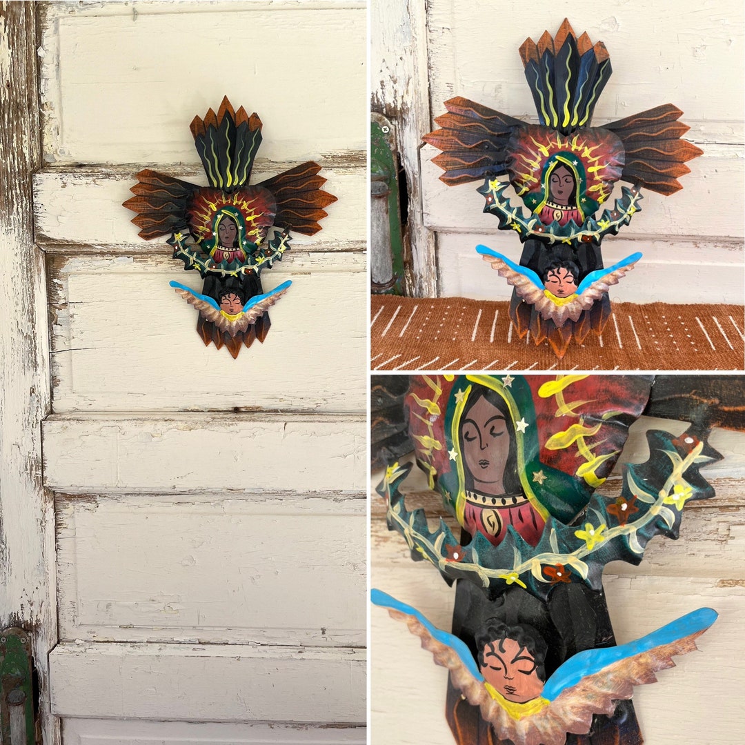 Vintage Mexican Tin Hand Painted Lady of Guadalupe Flaming Etsy