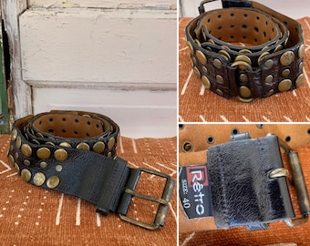 Cool Vintage Thick Heavy Supple Black Leather Riveted Steampunk Punk Rocker Belt measuring 41" end to end ~