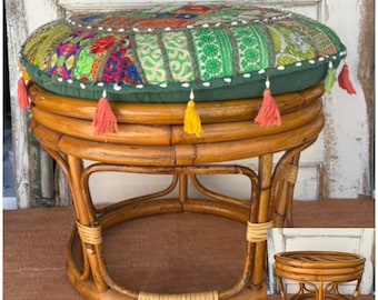 Vintage Bentwood Bamboo Boho Ottoman with Cushion measuring 19&quot; x 13&quot; ~ Boho home Decor ~ Hippie Home Decor ~ Eclectic Home Decor ~