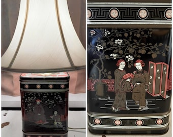 Vintage Frederick Cooper Style Chinoiserie Asian Tea Canister Tin Lamp measuring 21.5&quot; tall ~ Shade not Included - Mid Century Decor ~