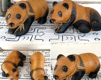 Adorable PAIR of Vintage Chinese SHANGHAI Handicrafts Woven Wicker PANDA Figures measuring about 11" x 5" x 6" each ~ Asian Home Decor ~