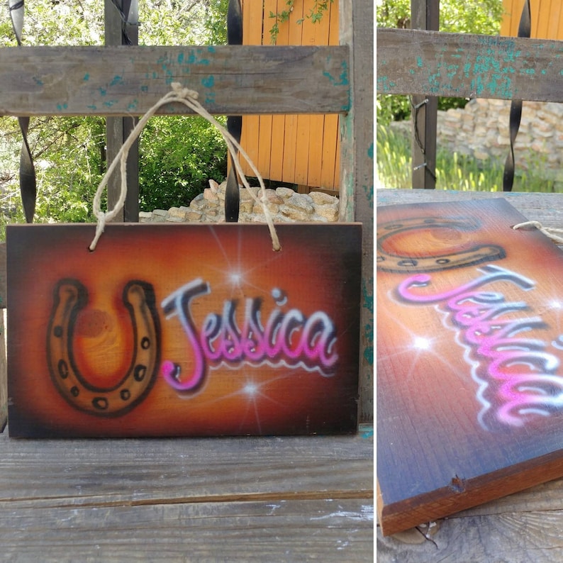 Adorable Vintage Painted Wood Horse Shoe Cowgirl Jessica Sign Etsy