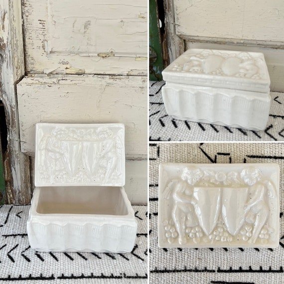 Vintage Ceramic White Lidded Trinket Box from Japa