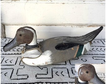 Vintage Hand Crafted Primitive Wood/Canvas Duck Decoy w/Initials about 15" ~ Rustic Cabin Decor ~ Hunting Lodge Decor ~ Man Cave Gift ~
