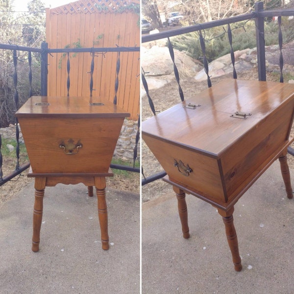 SALE Beautiful 23.5" Tall Vintage Mid Century Hinged Solid Wood Sewing,Knitting,Craft Table w/Slant Legs & Antiqued Brass Chippendale Handle