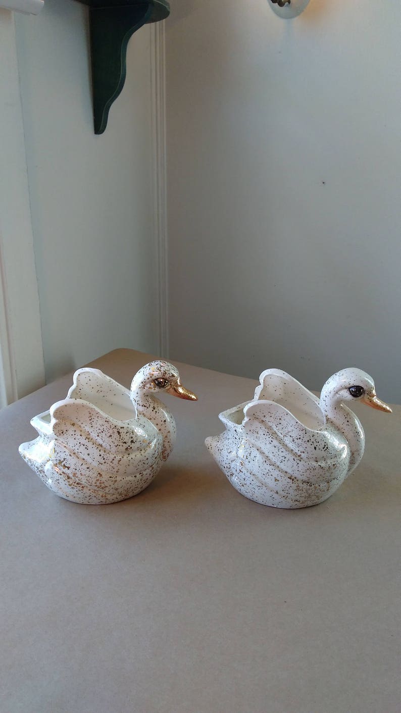 Pair of Vintage Mid Century Ceramic Swan Planters with Gold Flecked Paint on Ivory measuring 6.5 x 4 x 5 ~ Mid Century Modern Decor ~