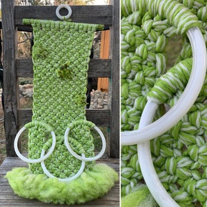 Adorable Vintage 70&#39;s Green Macrame Hand Towel Holder w/Ceramic Fish Beads measuring 21.5&quot; x 10&quot; ~ Retro Bathroom Decor ~ Coastal Living ~