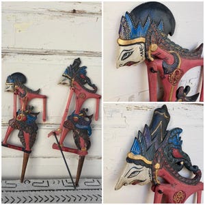 Vintage PAIR of Wayang Kulit Wooden Wajong Puppets, Indonesian Art measuring 16&quot; x 6&quot; and 14&quot; x 5&quot; ~ Boho Home Decor ~ Eclectic Home Decor ~