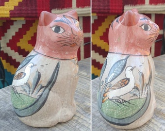 Adorable Vintage Rustic TONALA Mexican Folk Art Clay Pottery CAT FIGURINE with Bird Design measures 5 1/8" x 3.5" x 3" ~ Hacienda Home Decor
